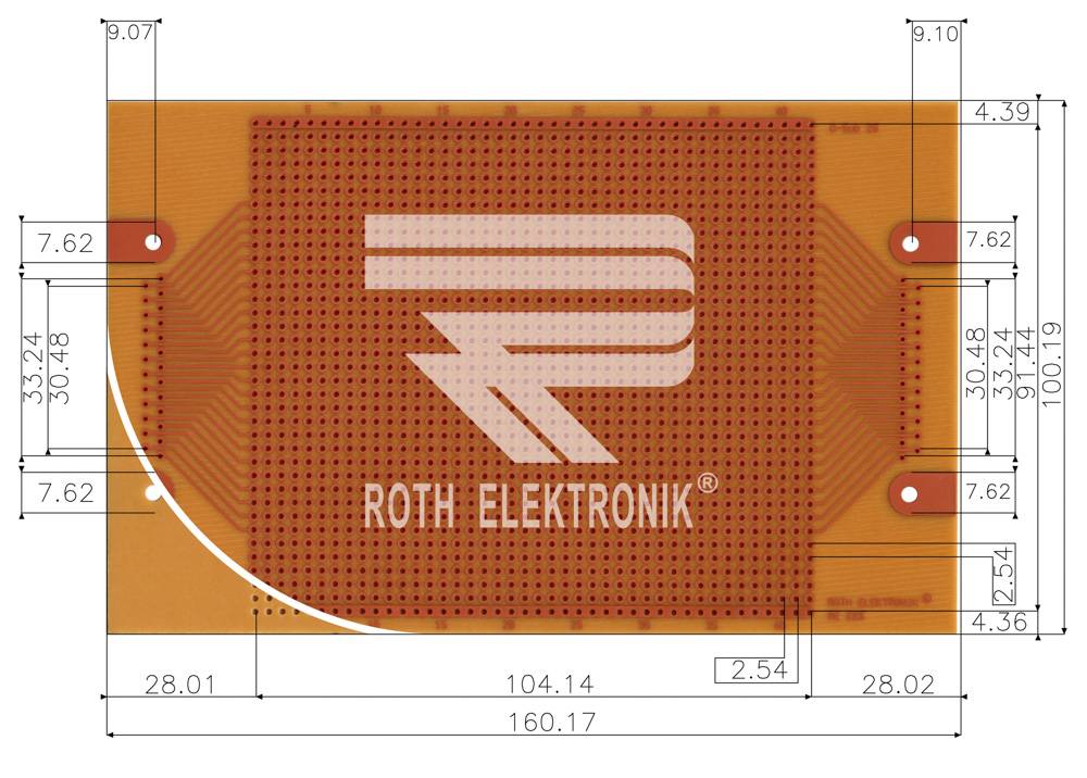 Roth Elektronik RE225-HP Laborkarte FR2 160 x 100 mm 1,5 mm einseitig RM 2,54 Ø 1 mm 35 µm-1