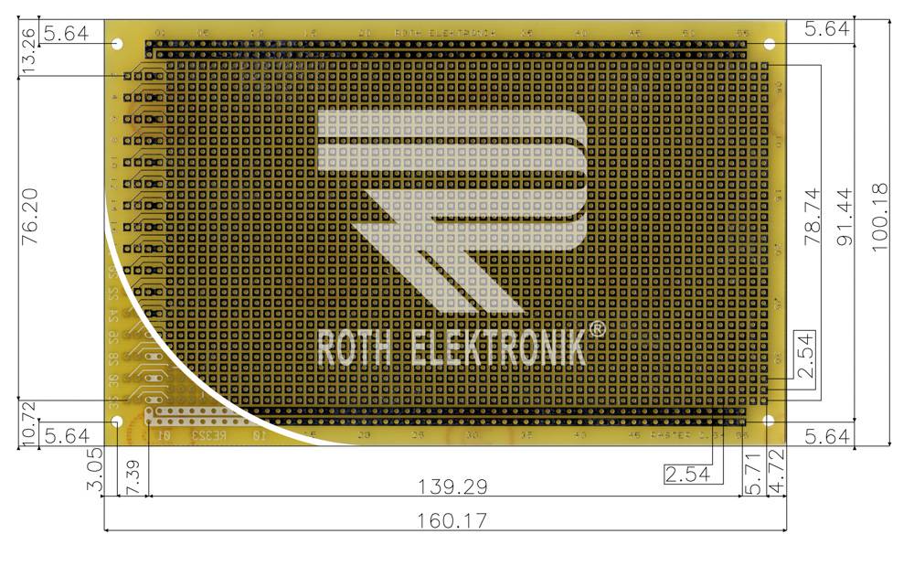 Roth Elektronik RE323-LF Laborkarte FR4 160 x 100 mm 1,5 mm einseitig RM 2,54 Ø 1 mm 35 µm-1