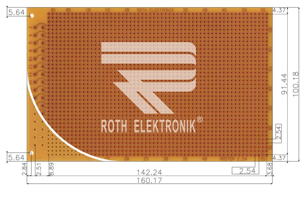 Roth Elektronik RE525-HP Laborkarte FR2 160 x 100 mm 1,5 mm einseitig RM 2,54 Ø 1 mm 35 µm-1