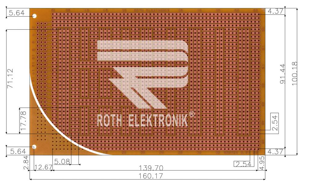 Roth Elektronik RE315-HP Laborkarte FR2 160 x 100 mm 1,5 mm einseitig RM 2,54 Ø 1 mm 35 µm-1