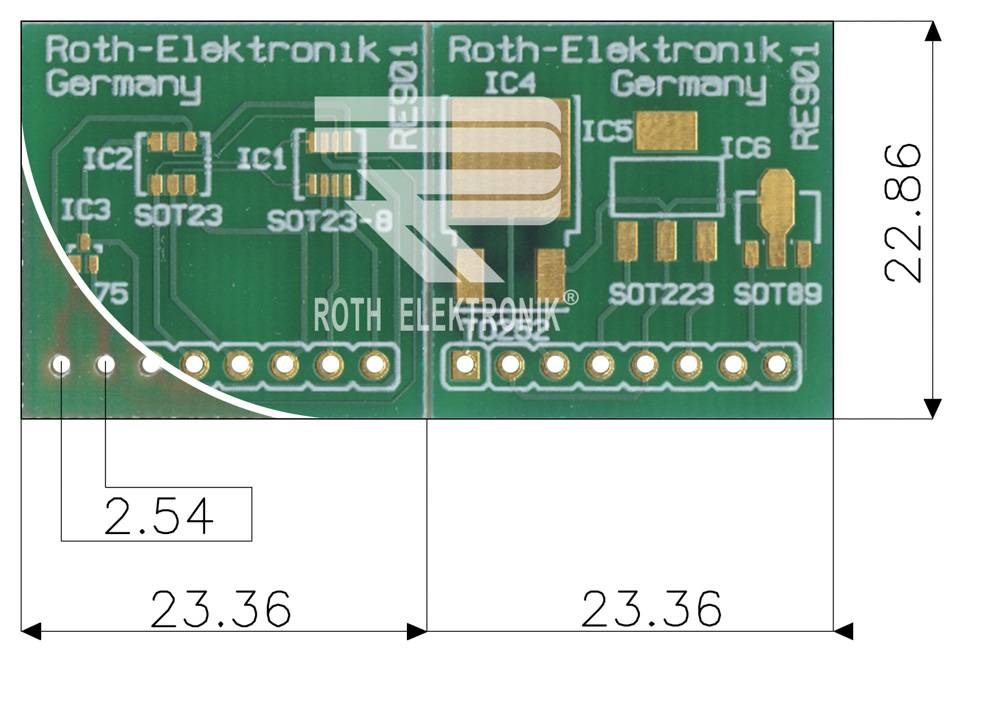 Roth Elektronik RE901 IC-Adapterplatine FR4 46,7 x 22,9 mm 1,5 mm einseitig RM 2,54 Ø 1 mm 35 µm-1