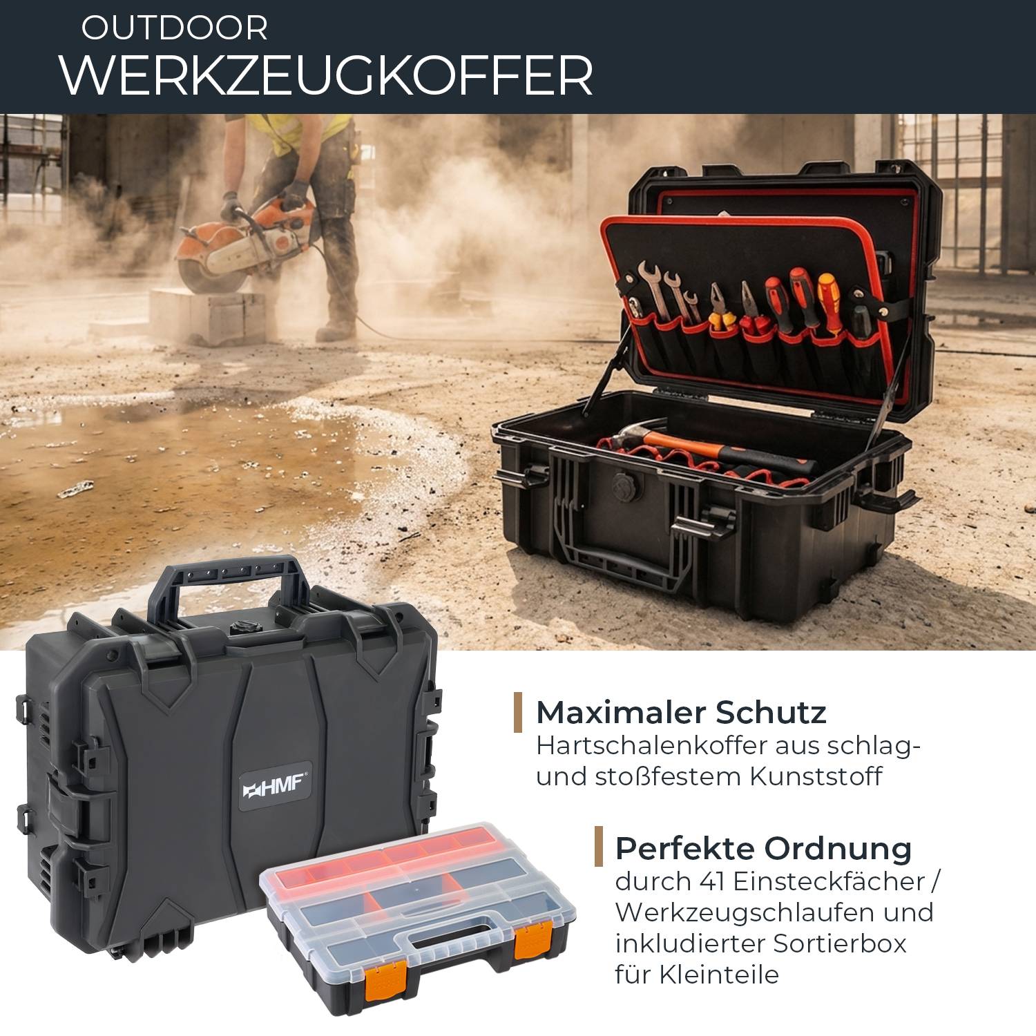 HMF 15603-02 Outdoor Werkzeugkoffer leer, Werkzeugkasten groß, 46,5 x 36 x 20,5 cm-1