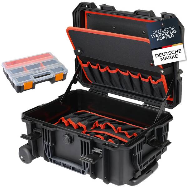 HMF 15604-02 Outdoor Werkzeugtrolley, Werkzeugkoffer leer mit Rollen, 46,5 x 36 x 22,5 cm