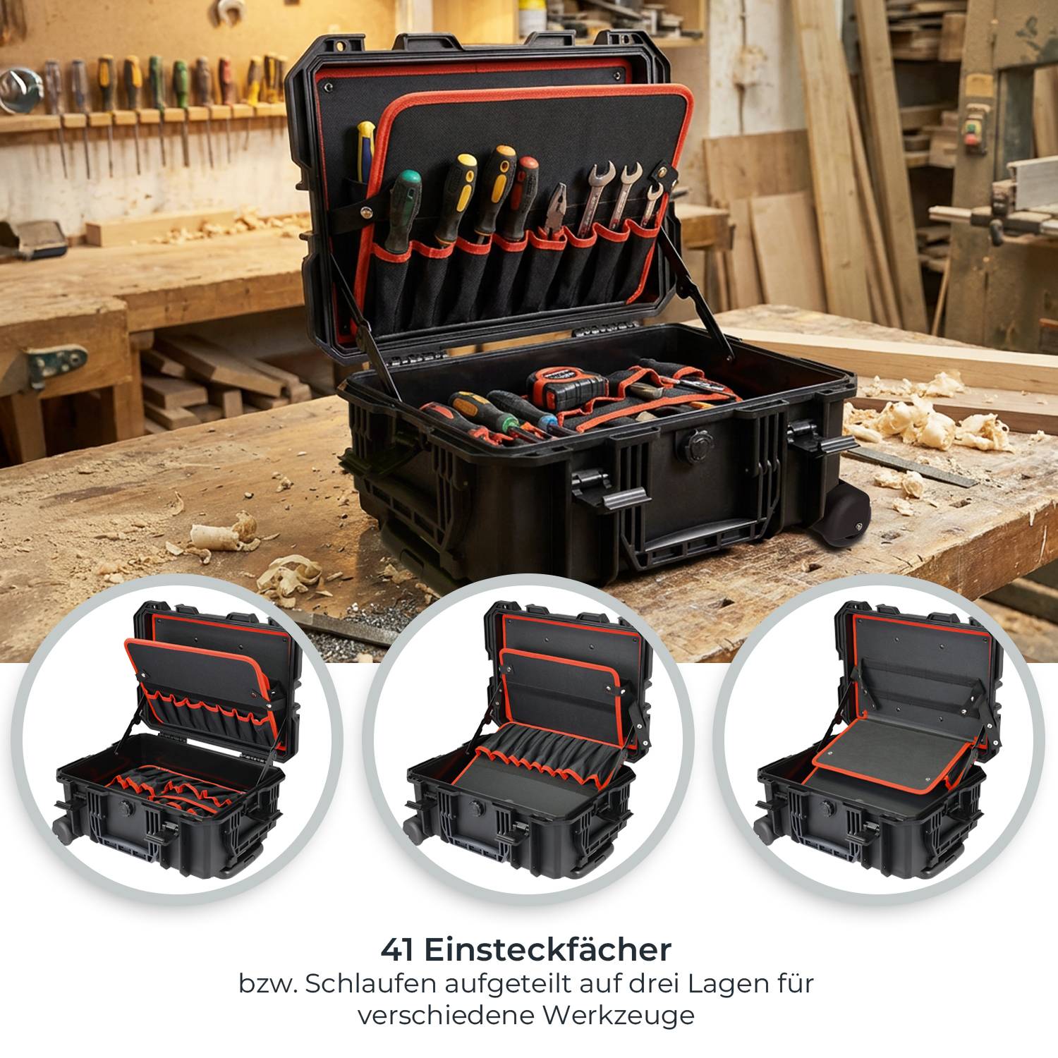 HMF 15604-02 Outdoor Werkzeugtrolley, Werkzeugkoffer leer mit Rollen, 46,5 x 36 x 22,5 cm-2