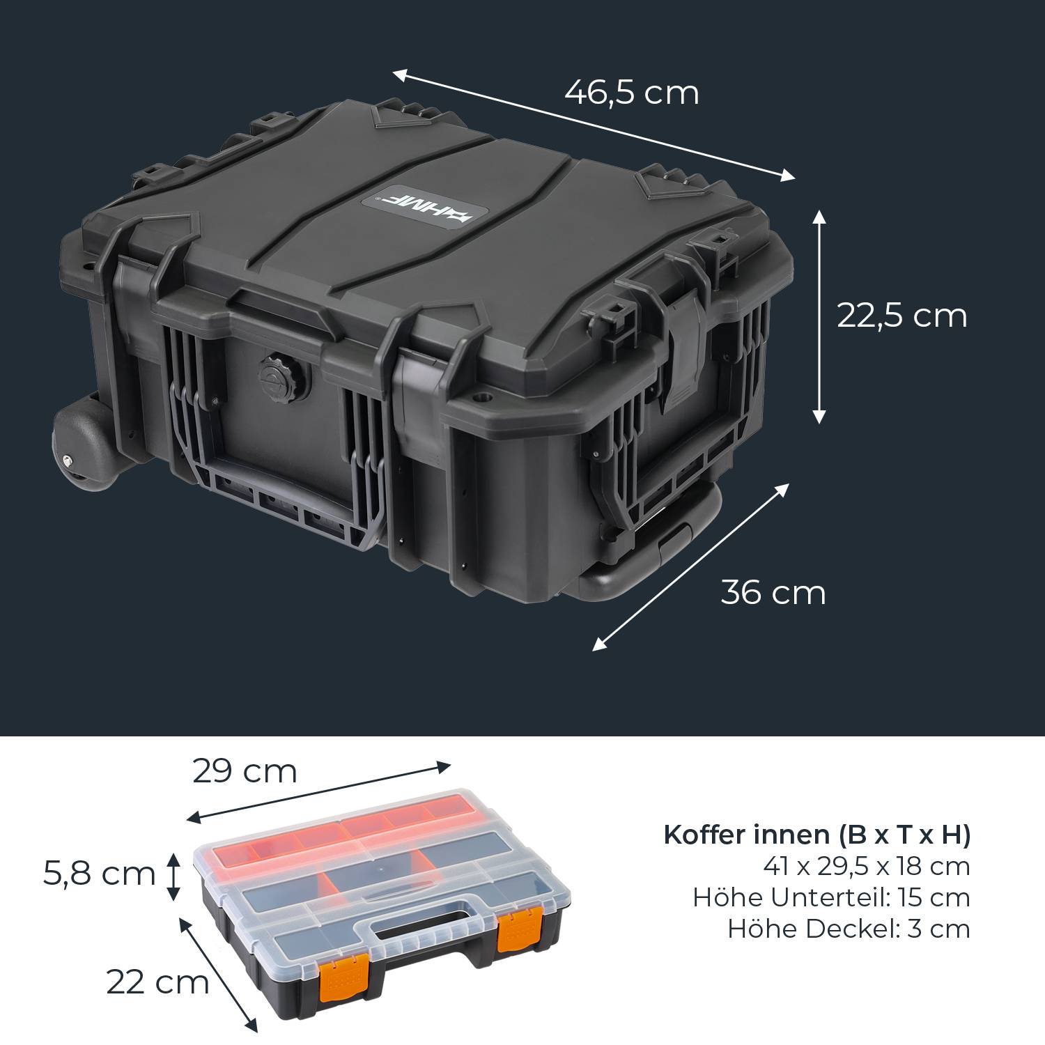 HMF 15604-02 Outdoor Werkzeugtrolley, Werkzeugkoffer leer mit Rollen, 46,5 x 36 x 22,5 cm-4