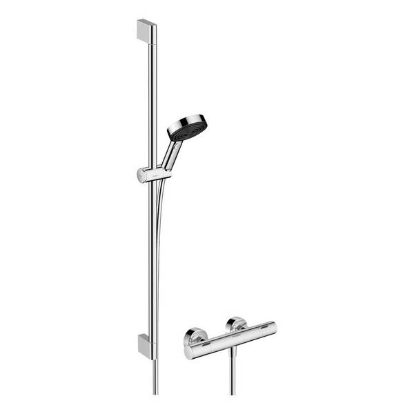 hansgrohe Pulsify Select S Brausesystem 105 3jet Relaxation EcoSmart mit Ecostat Fine und Brausestange 90 cm, Chrom