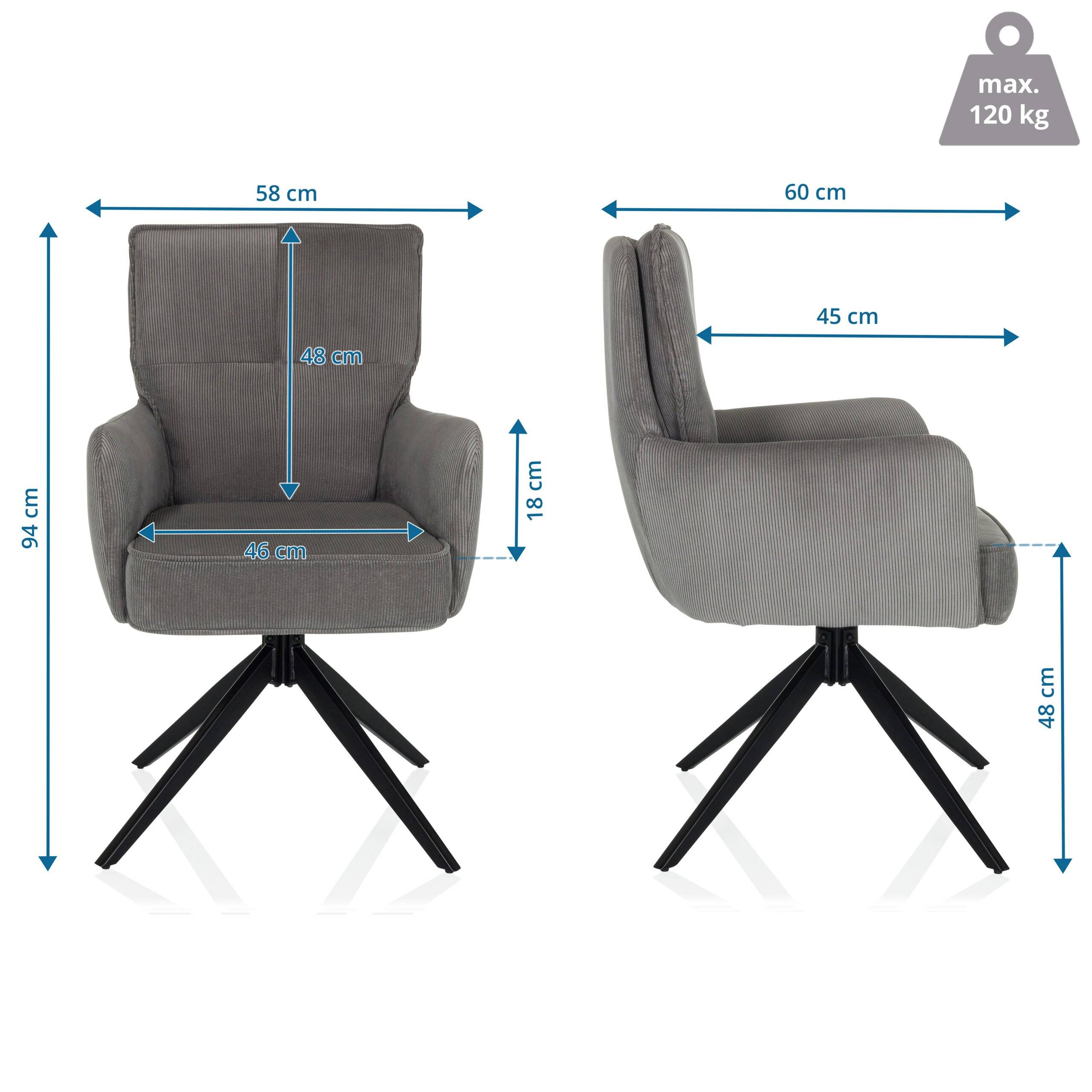 Esszimmerstuhl Drehstuhl TARUGO Stoff grau hjh LIVING-1