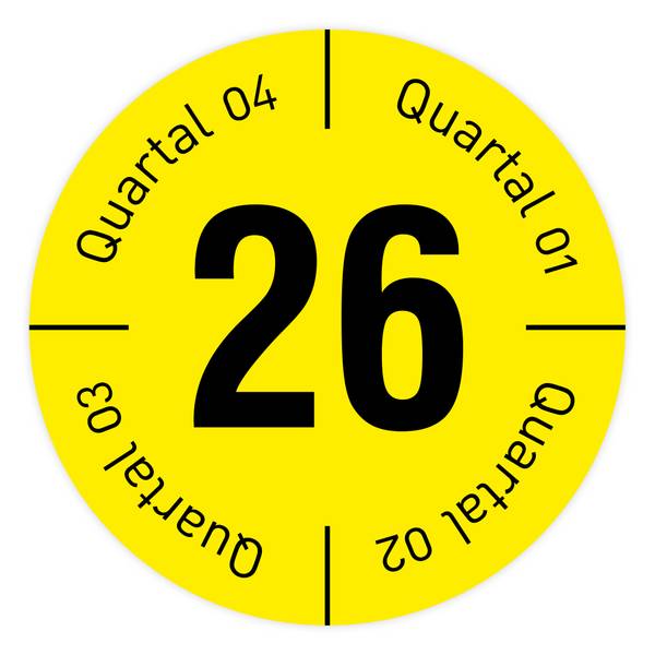 Qualitätsetikett mit Quartal 1 - 4 und Jahr 2026, gelb, Standardfolie, Ø 30 mm, 108 Stk./Heft