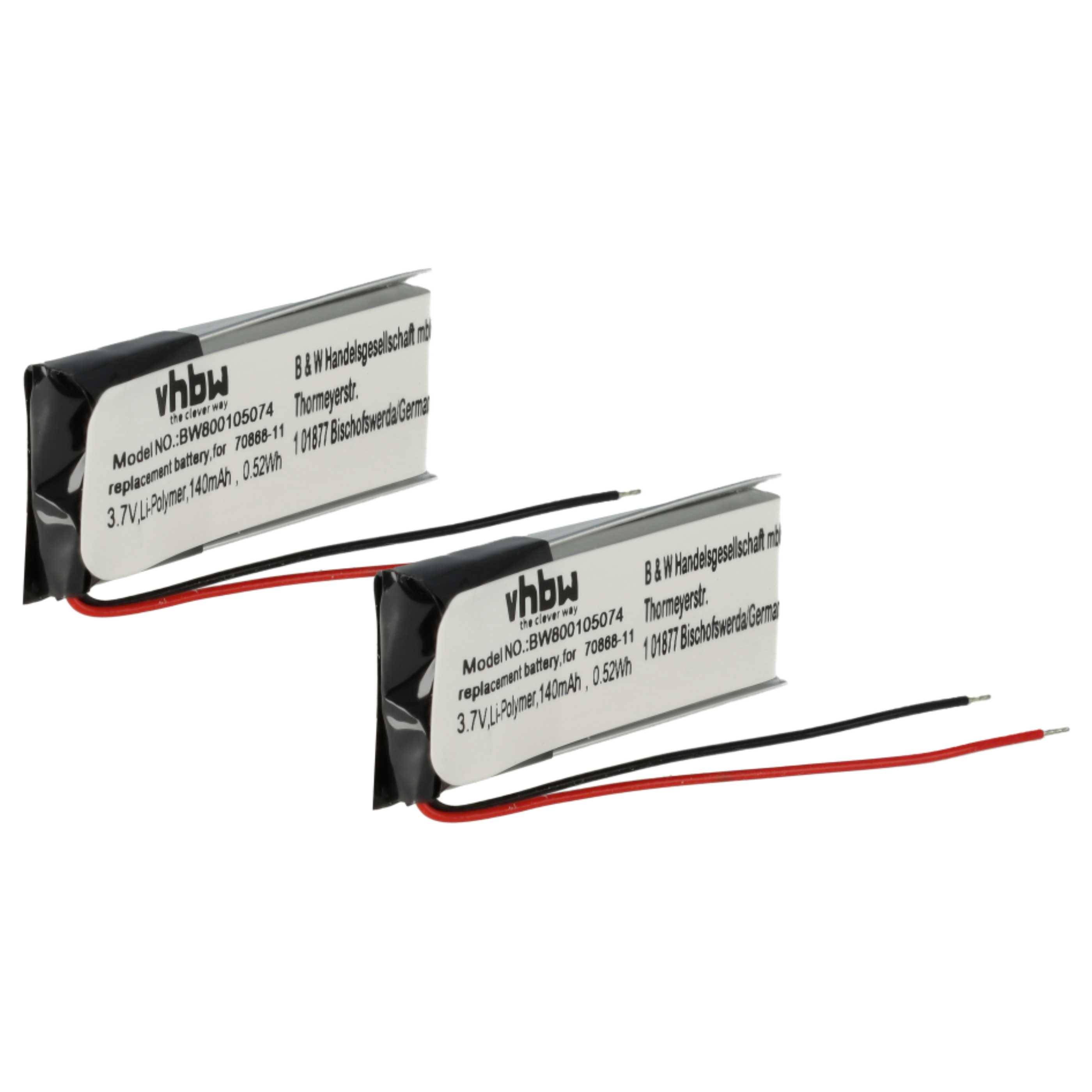 vhbw 2x Akku kompatibel mit Jabra BT500V | BT2010, BT4010, BT250V, BT250, BT2020 Wireless Headset Kopfhörer (140 mAh, 3-0