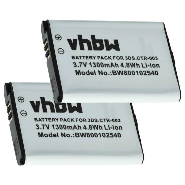 vhbw 2x Akku Ersatz für Nintendo CTR-003 | C/CTR-A-AB für Spielekonsole (1300 mAh, 3,7 V, Li-Ion)