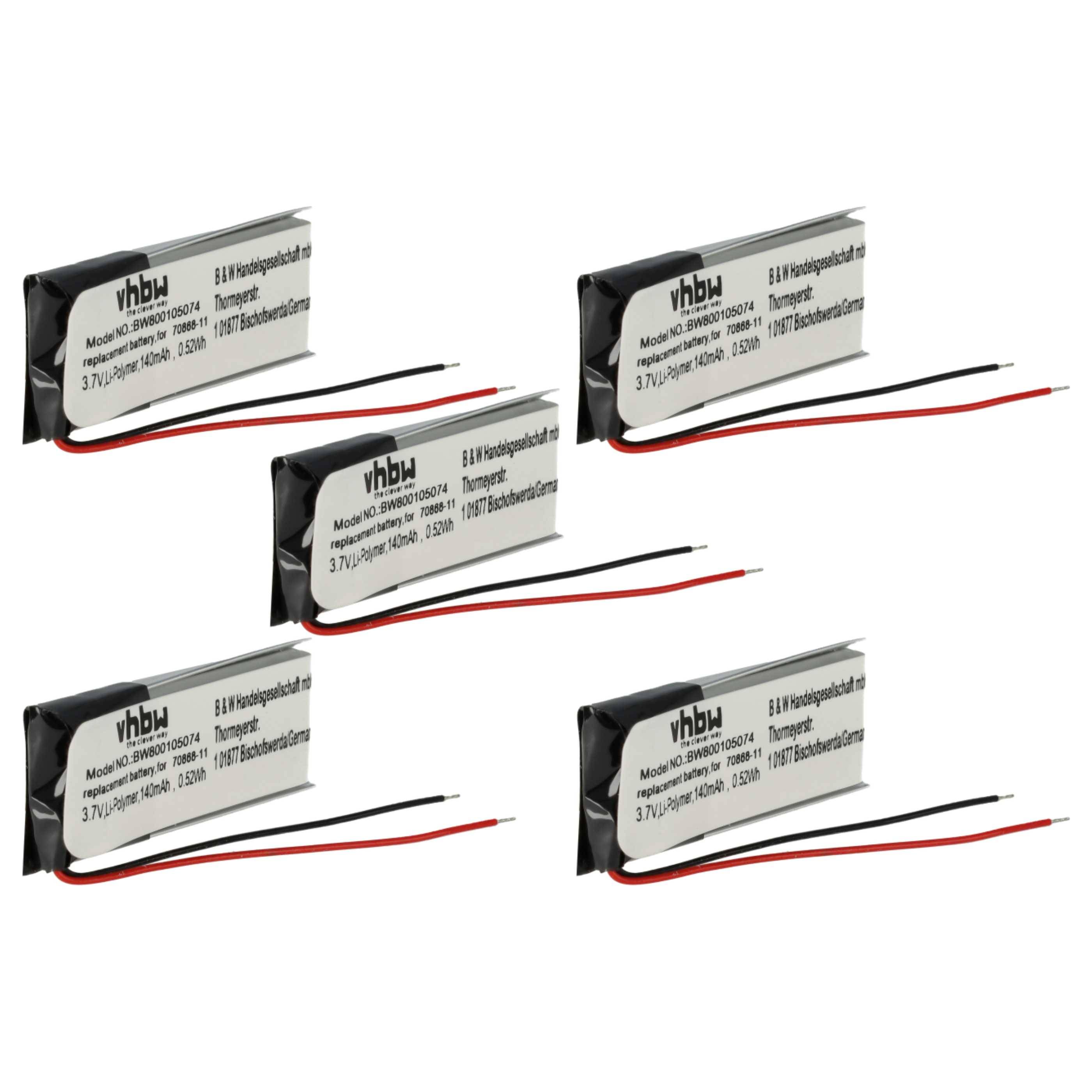 vhbw 5x Akku kompatibel mit Jabra BT500V | BT2010, BT4010, BT250V, BT250, BT2020 Wireless Headset Kopfhörer (140 mAh, 3-0
