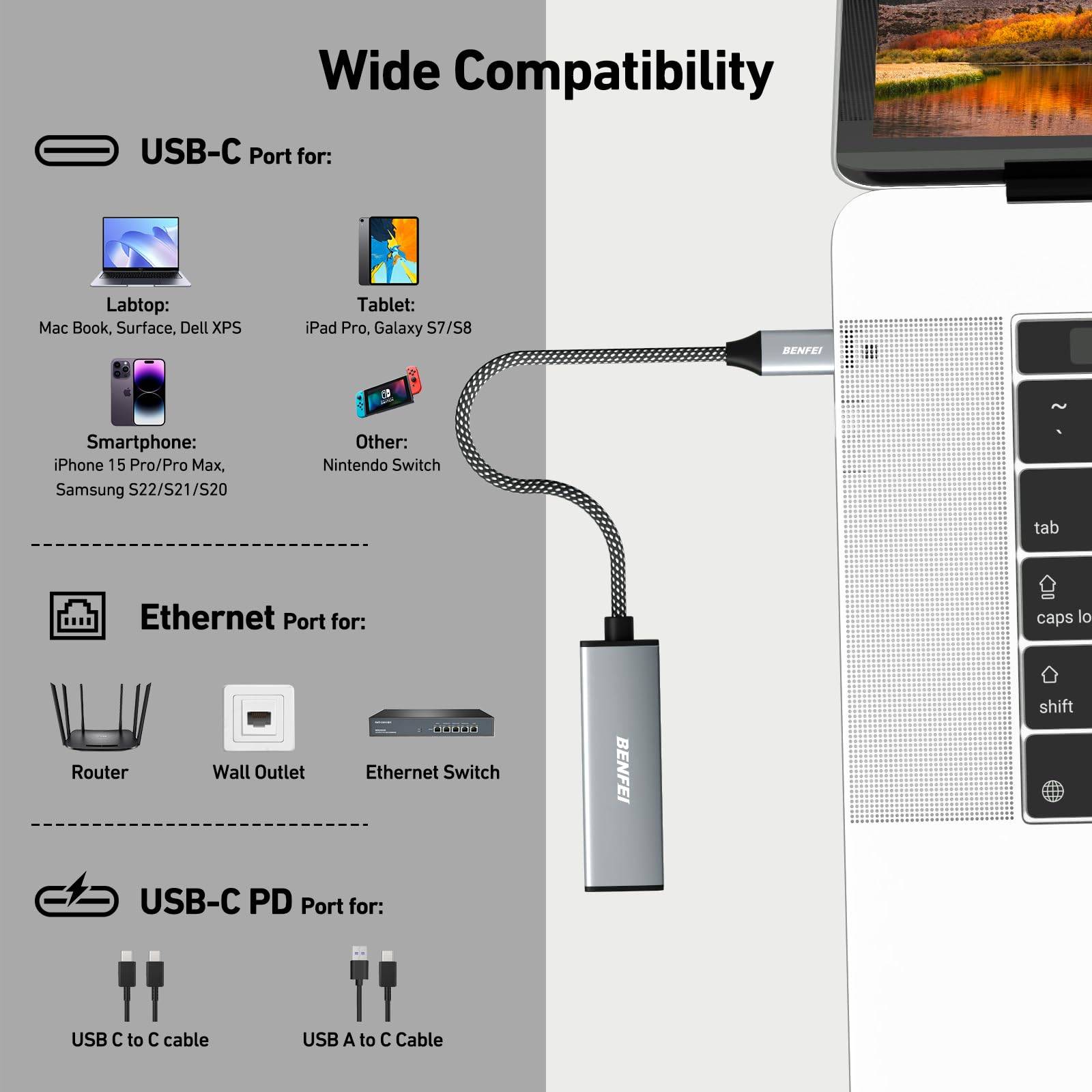 BENFEI USB C auf Ethernet Gigabit Adapter 100W PD, USB C (Thunderbolt 3/4) auf RJ45 LAN 1Gbps mit Stromversorgung-4