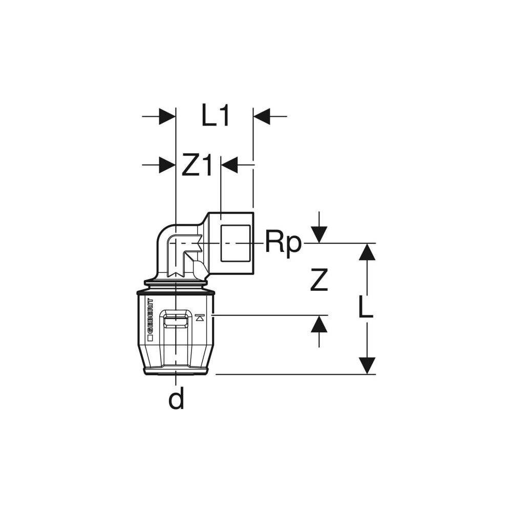 Geberit PushFit Übergangsbogen 90 Grad mit Innengewinde, d 25mm, Rp 3/4″, Rotguss bleifrei-1