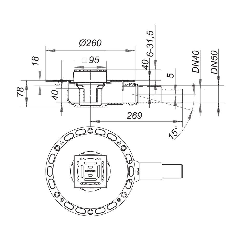 Dallmer Tisto Plan K10 Bodenablauf, waagerecht, DN40/ DN50, 100x100mm-2