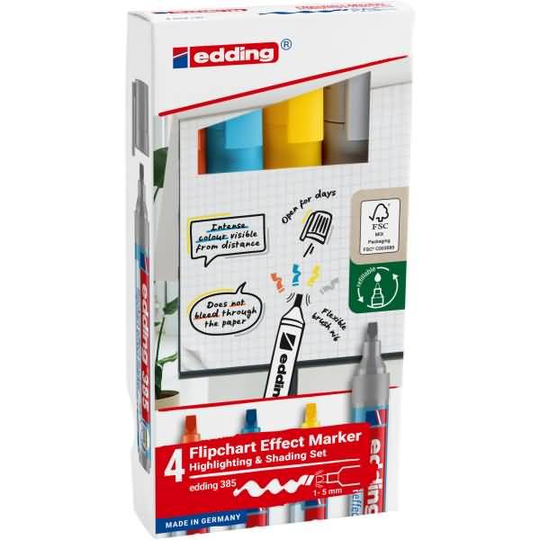 EDDING 385 Flipchartmarker gelb, orange, hellblau, silbergrau, Pinselspitze 1-5 mm, 4 Stück(e),