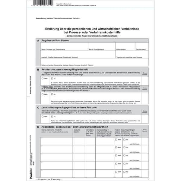 Fragebogen Prozess-/Verfahrenskosten K430 50 Stück