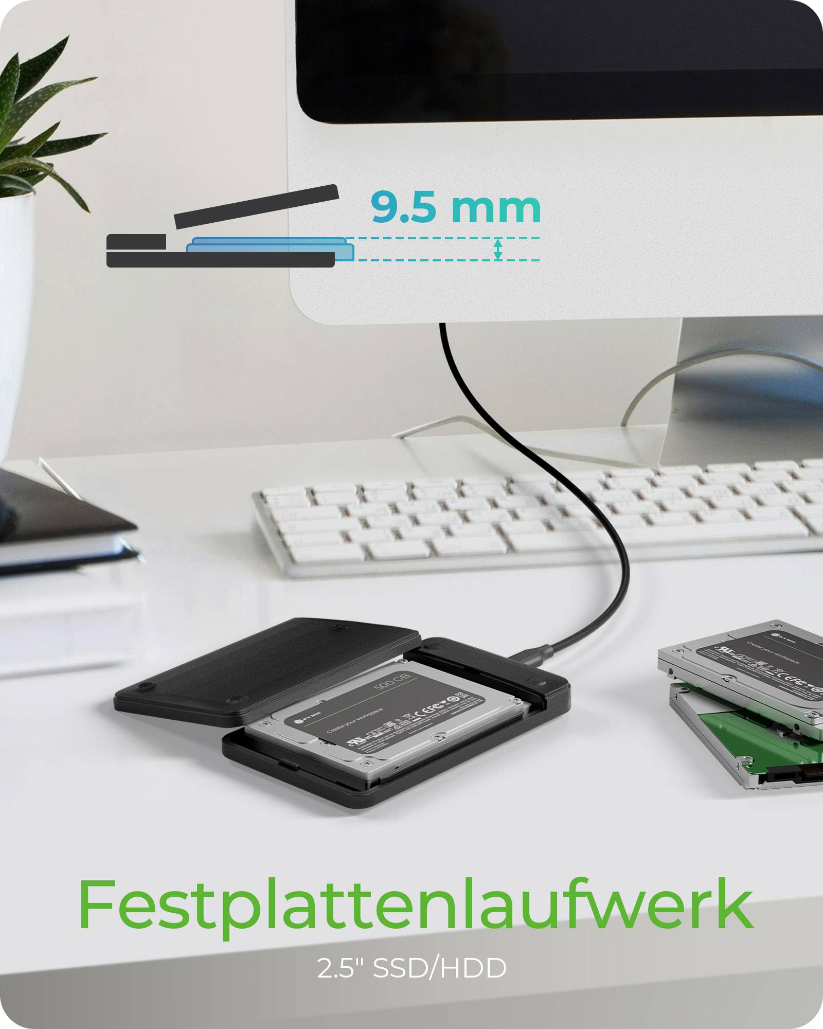 IB-201T-CU31,ext. 2.5" SATA Gehäuse, USB 3.2 Gen 2 bis zu 10 Gbit/s, Werkzeuglos, Kunststoff, Schwarz-3