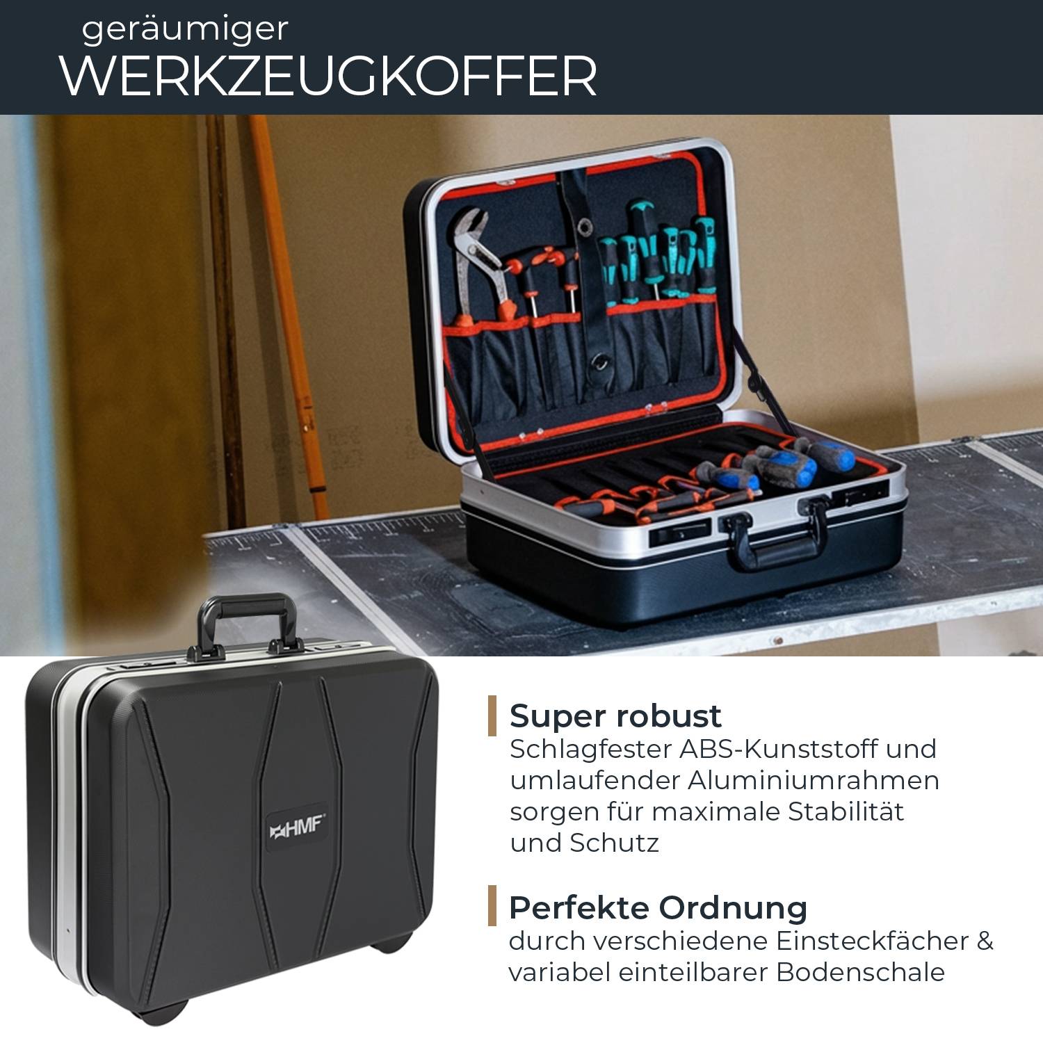 HMF 15601-02 Werkzeugkoffer leer, Werkzeugkiste groß aus ABS-Kunststoff, 47 x 40 x 22 cm-1