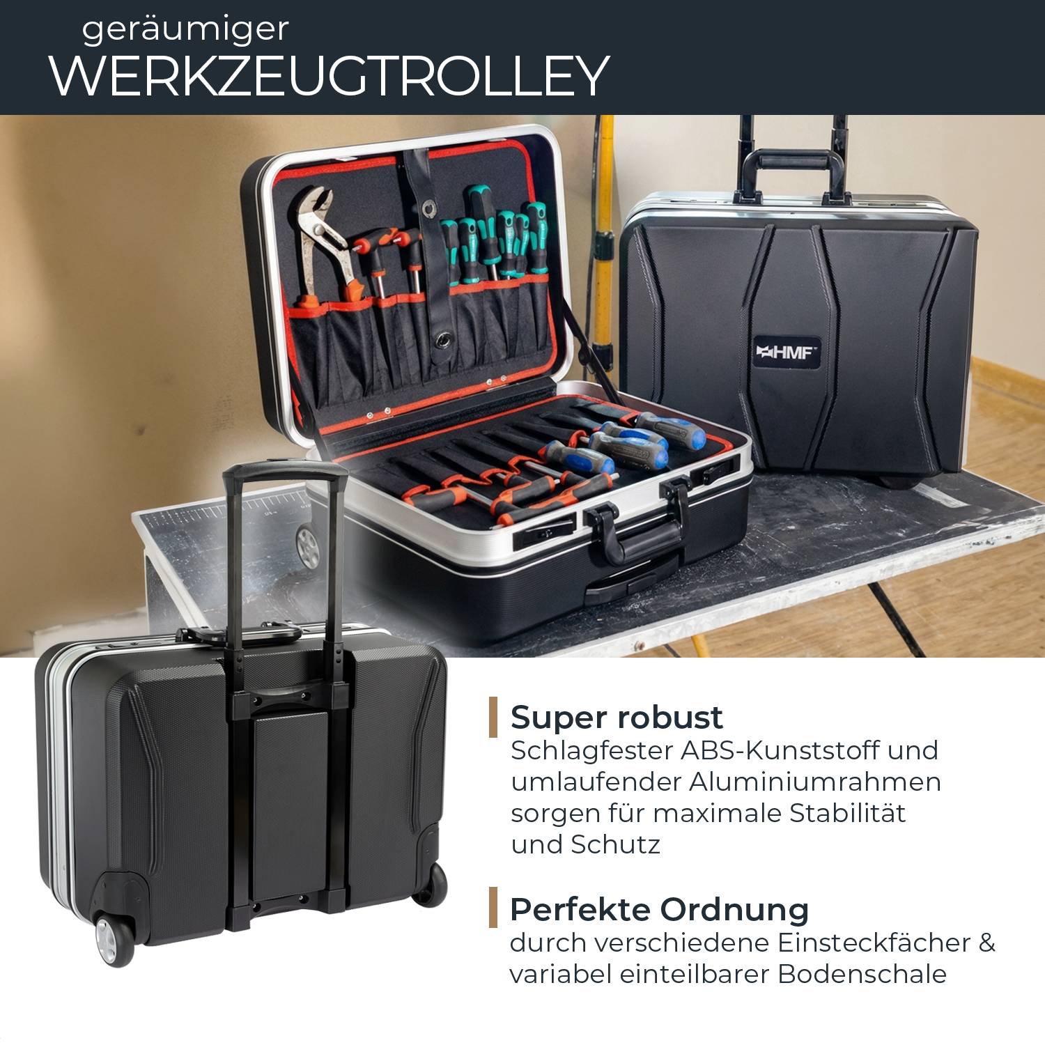 HMF 15602-02 Werkzeugtrolley leer, Werkzeugkoffer aus ABS-Kunststoff mit Rollen, 47 x 40 x 24,5 cm-1