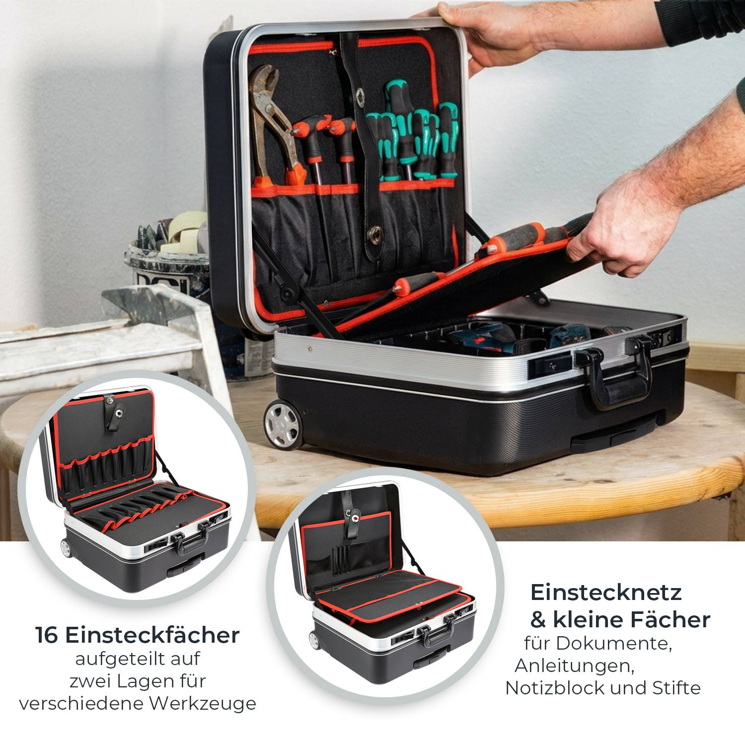 HMF 15602-02 Werkzeugtrolley leer, Werkzeugkoffer aus ABS-Kunststoff mit Rollen, 47 x 40 x 24,5 cm-2