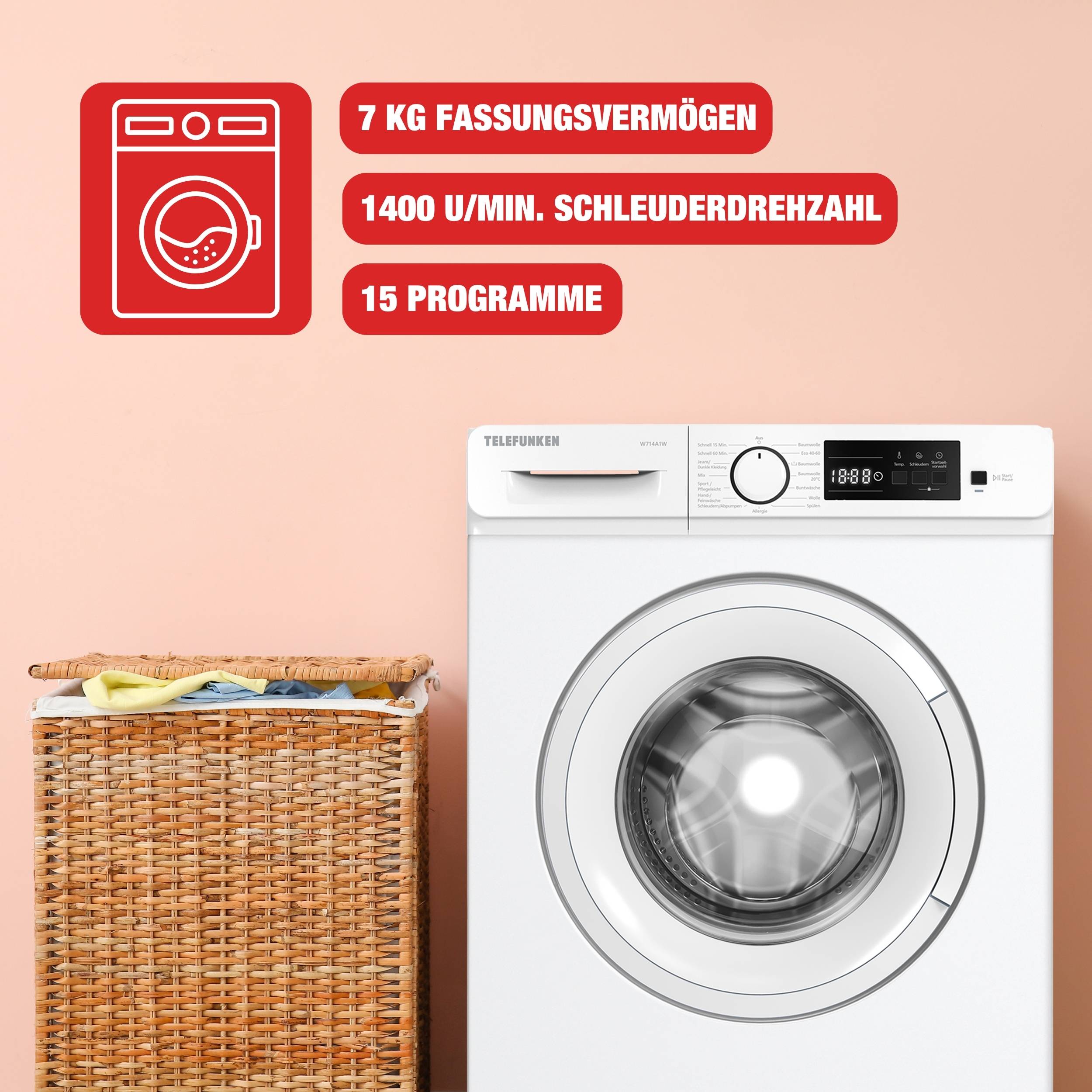 Telefunken Waschmaschine 7kg | Frontlader 1400 U/Min. | Inverter Motor | Schontrommel | 15 Programme | W714A1W weiß-3