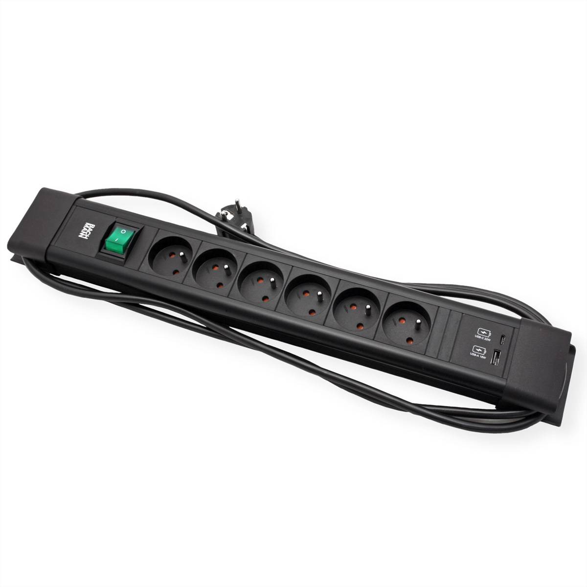 BACHMANN CONNECTUS 6xUTE, 1xSchalter 1xUSB A/C 22W 2,0m CEE7/7 Schwarz-1