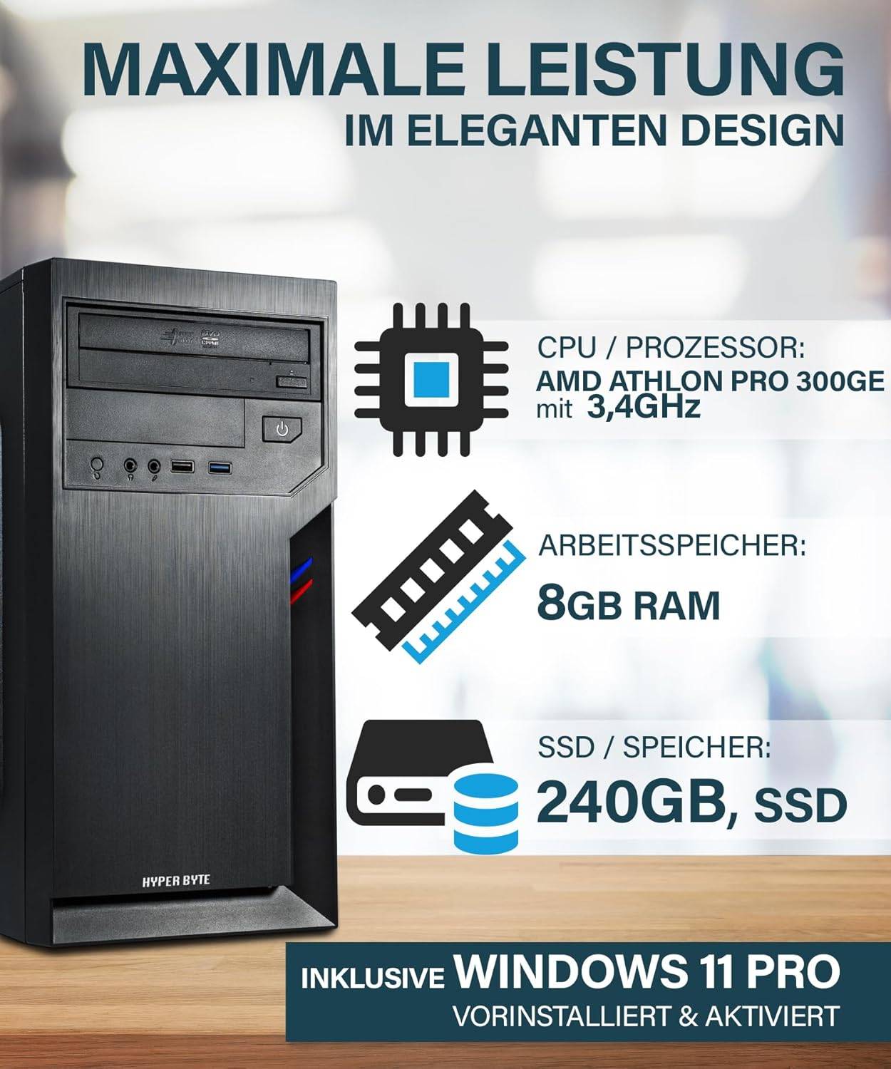 Hyper Byte Multi PC | AMD Athlon Pro | Computer für Büro | 16GB RAM | 512GB SSD | DVD+RW | USB 3.0 | WLAN | Win 11 Pro-3