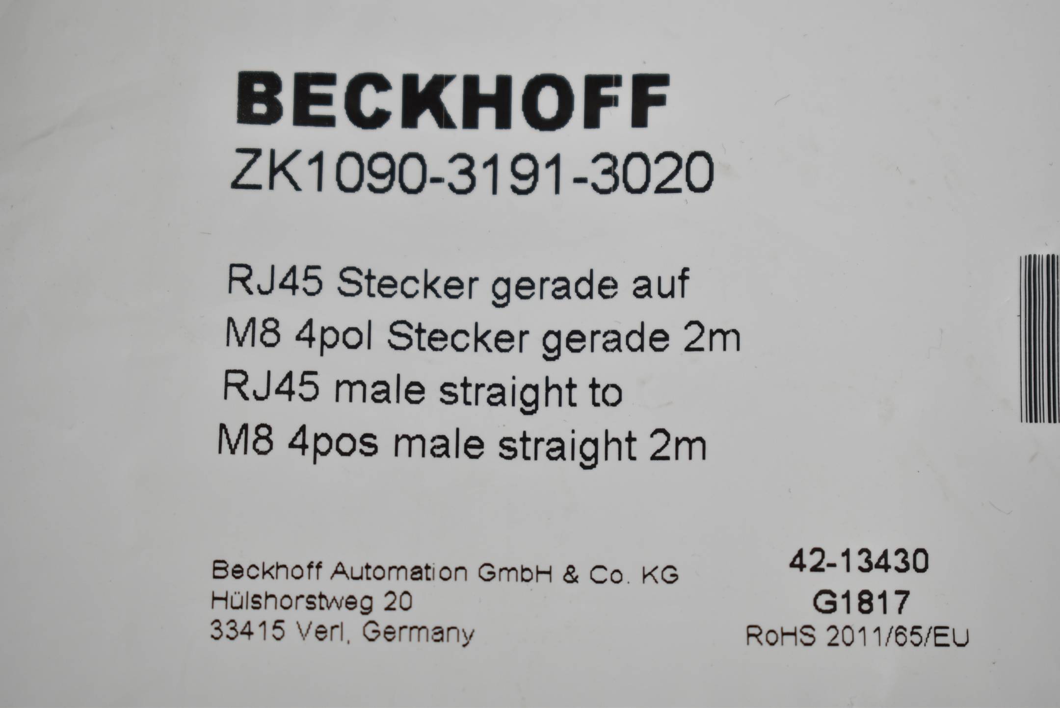 Beckhoff EtherCAT-Leitung RJ45 Stecker gerade 2m ZK1090-3191-3020-2