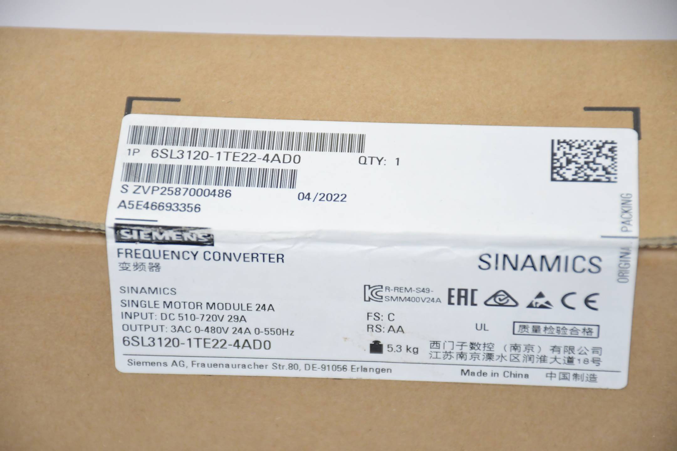 Siemens 6SL3120-1TE22-4AD0 - SINAMICS S120 Single Motor-Module Eingang: DC 600V-1