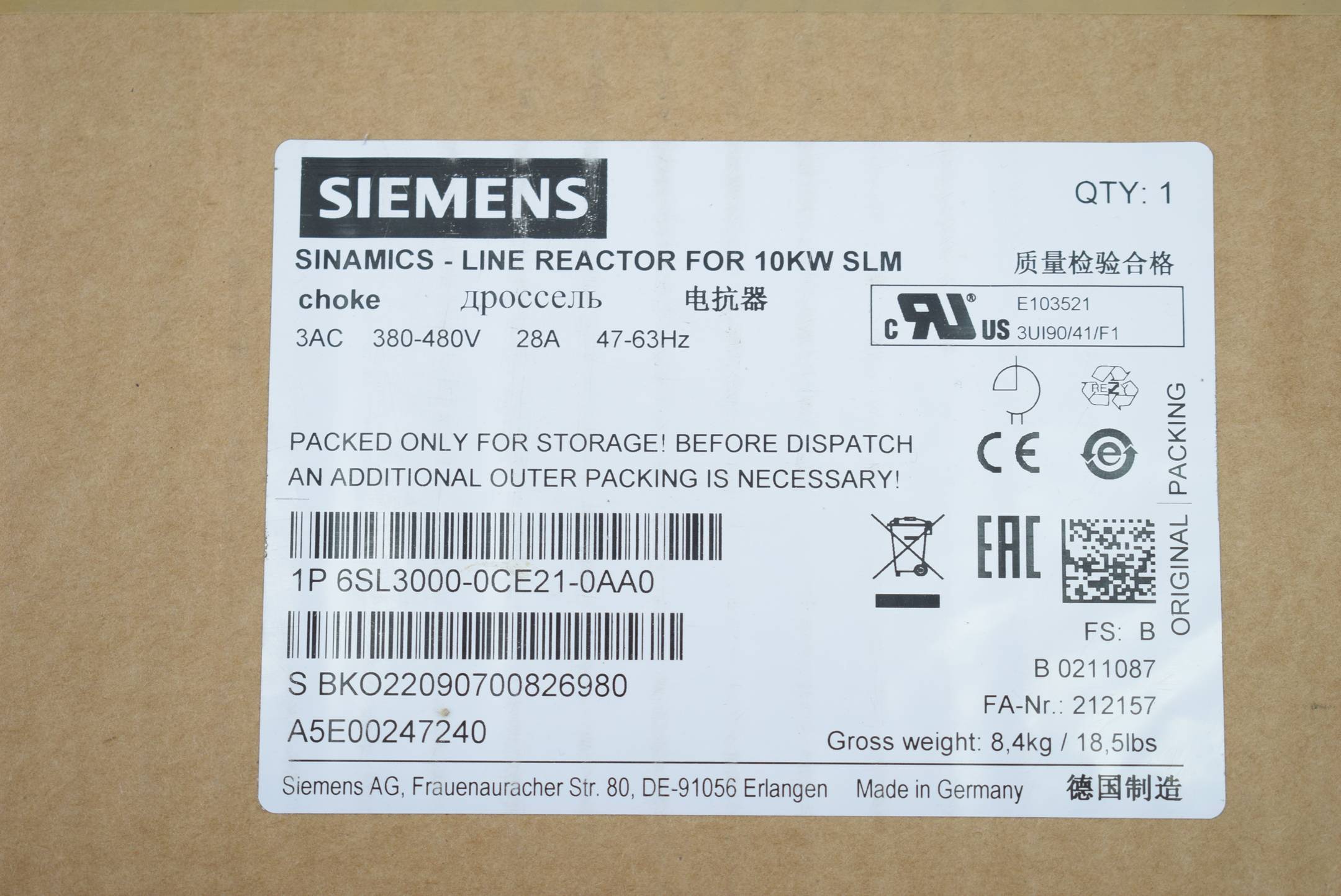 Siemens Sinamics Netzdrossel 6SL3000-0CE21-0AA0 ( 6SL3000-0CE21-0AA0 ) E. B-2