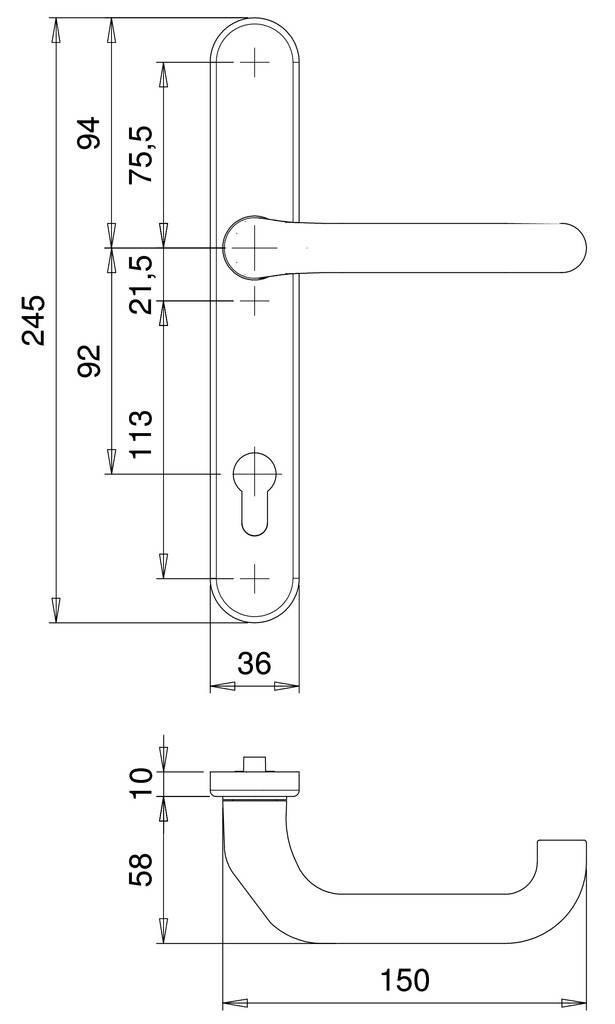 EDI Halbgarnitur Kronos 1307 innen EN 179 Bohrbild 216mm 9mm PZ 92mm mit Nocken Edelstahl-1