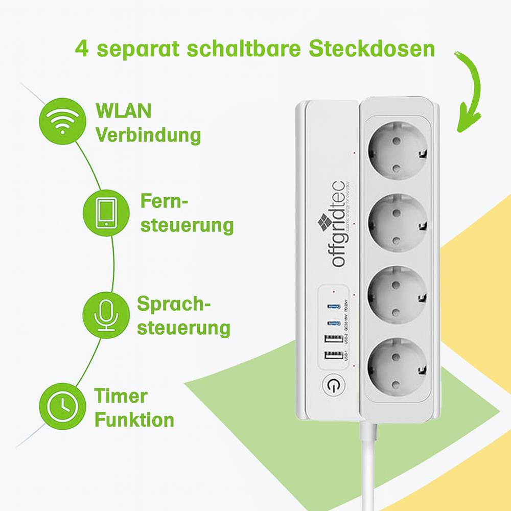 Offgridtec Smarte 4-fach Steckdosenleiste + 2x USB-A und 2x USB-C Anschluss mit Smart Life- oder Tuya-App - 1,5m Kabel-1