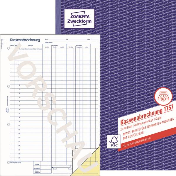 Avery Zweckform Kassenabrechnung 1757 DIN A4 2x40Blatt