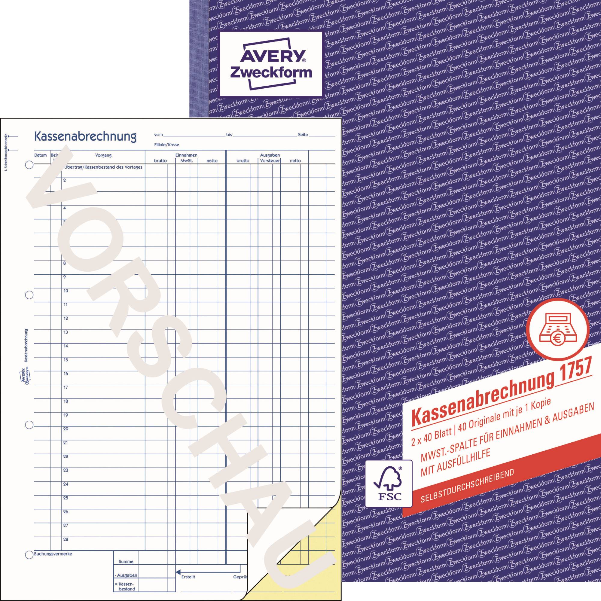 Avery Zweckform Kassenabrechnung 1757 DIN A4 2x40Blatt-0