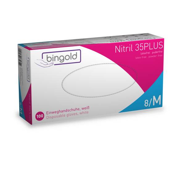 Bingold Nitril 35PLUS, weiß M | Packung (100 Handschuhe)