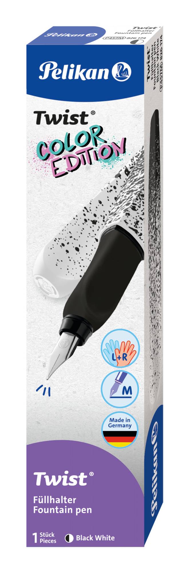 Pelikan 826174, Schwarz, Weiß, Kartuschenfüllsystem, Blau, Edelstahl, Beidhändig, 1 Stück(e)-0