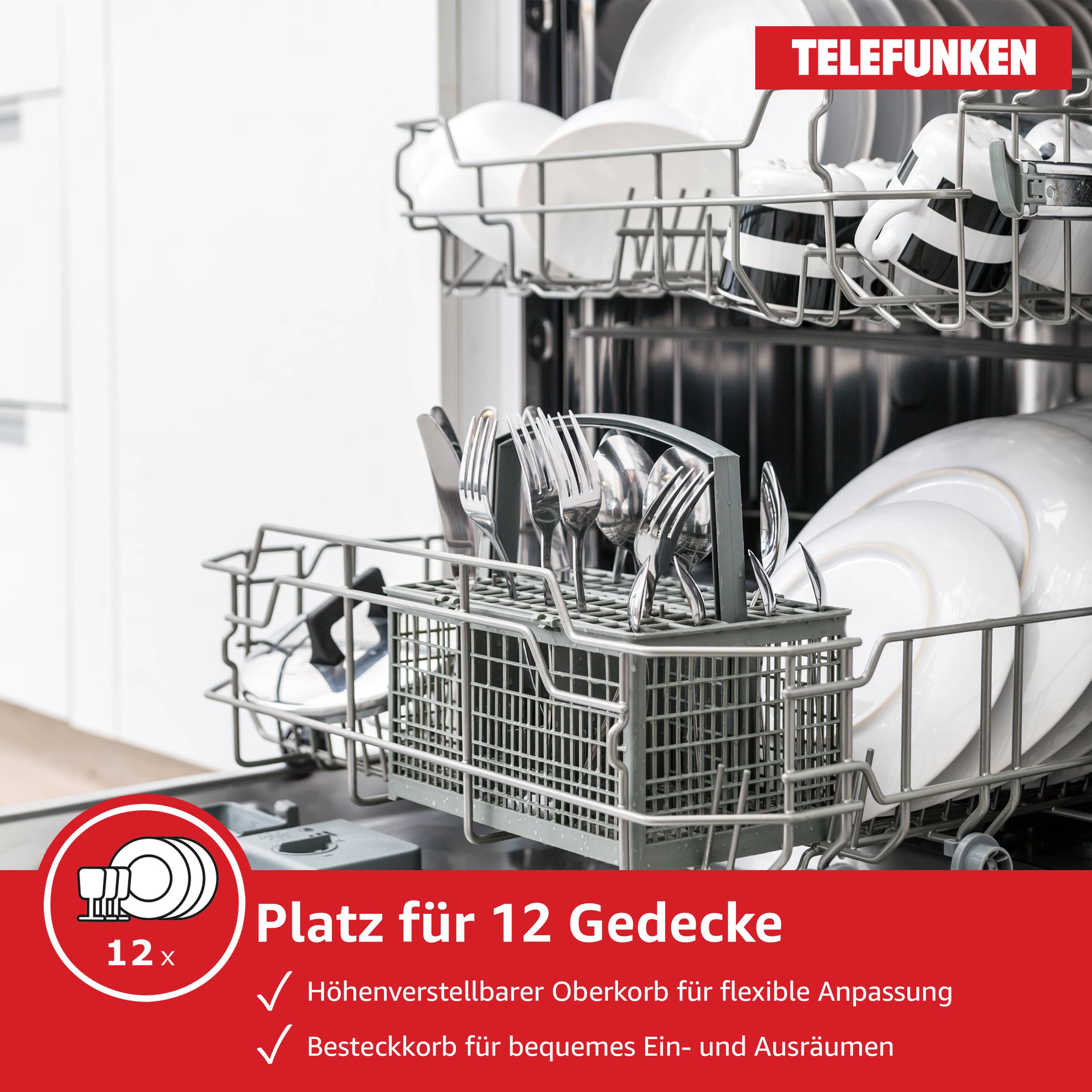 Telefunken Geschirrspüler vollintegrierbar 60 cm, Einbau Spülmaschine, 12 Maßgedecke, 6 Programme, AquaStop, GEV6012D-2