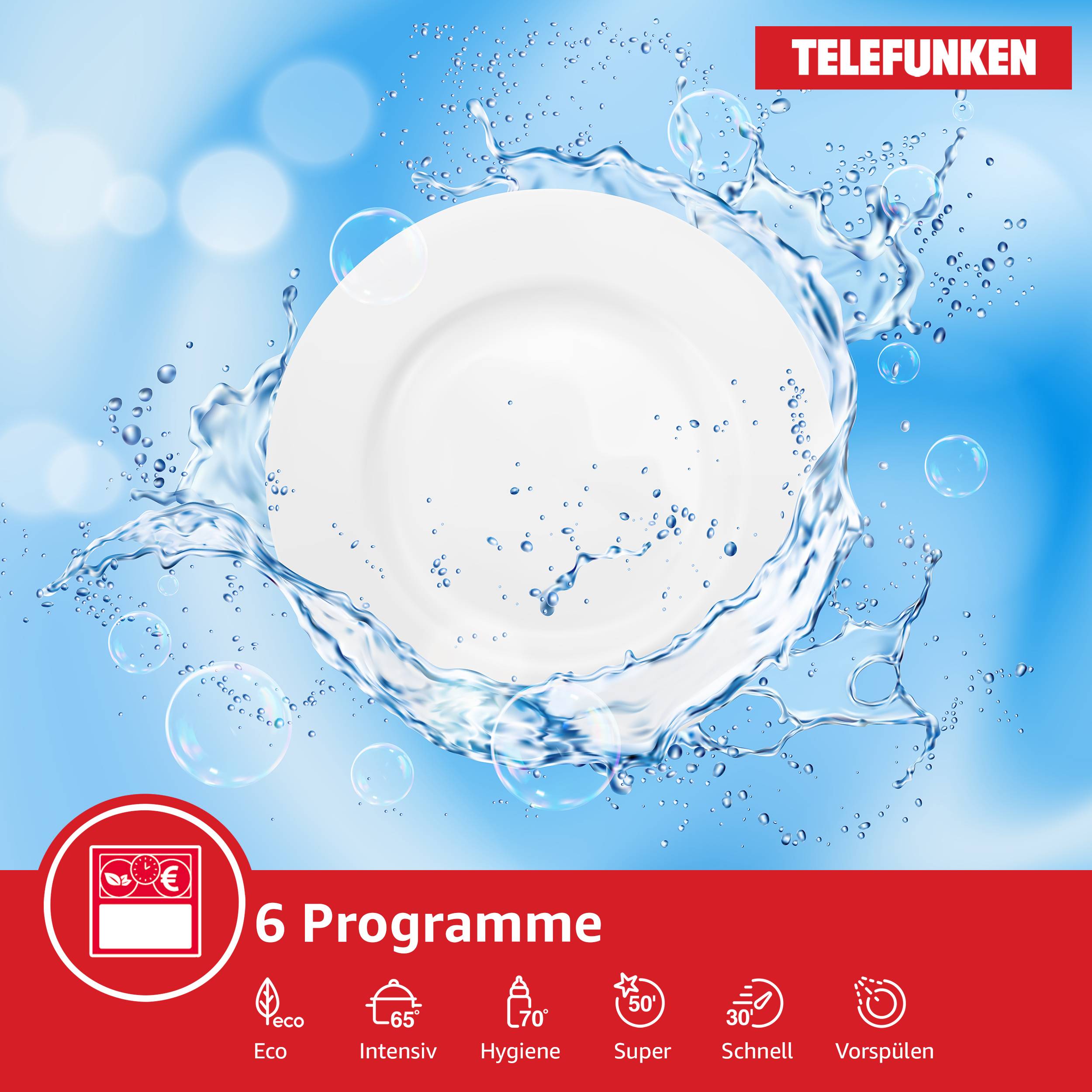 Telefunken Geschirrspüler vollintegrierbar 60 cm, Einbau Spülmaschine, 12 Maßgedecke, 6 Programme, AquaStop, GEV6012D-3