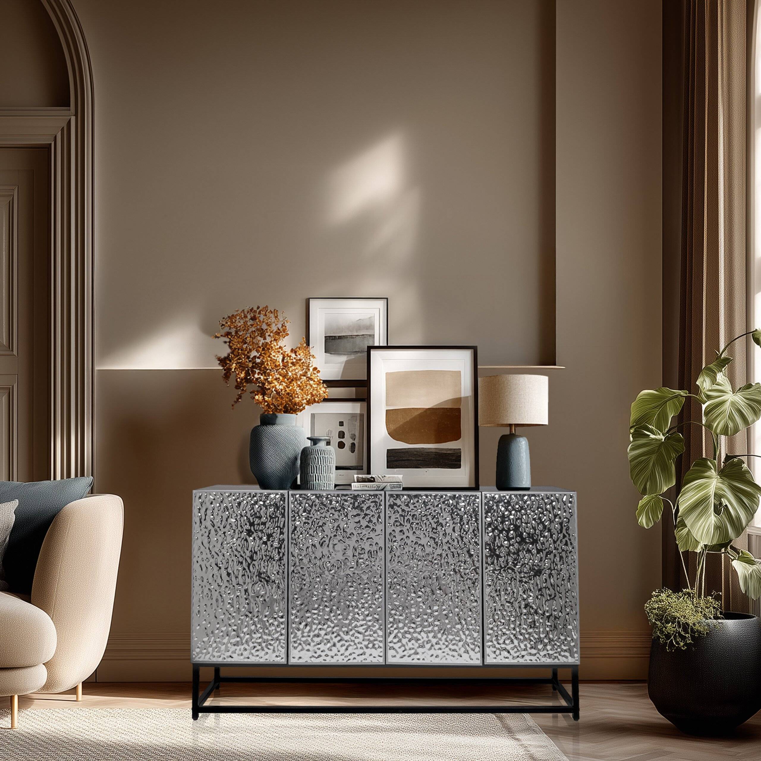 Sideboard Kommode METALLIO 140x37x80 cm 4 Türen silber hjh LIVING-3