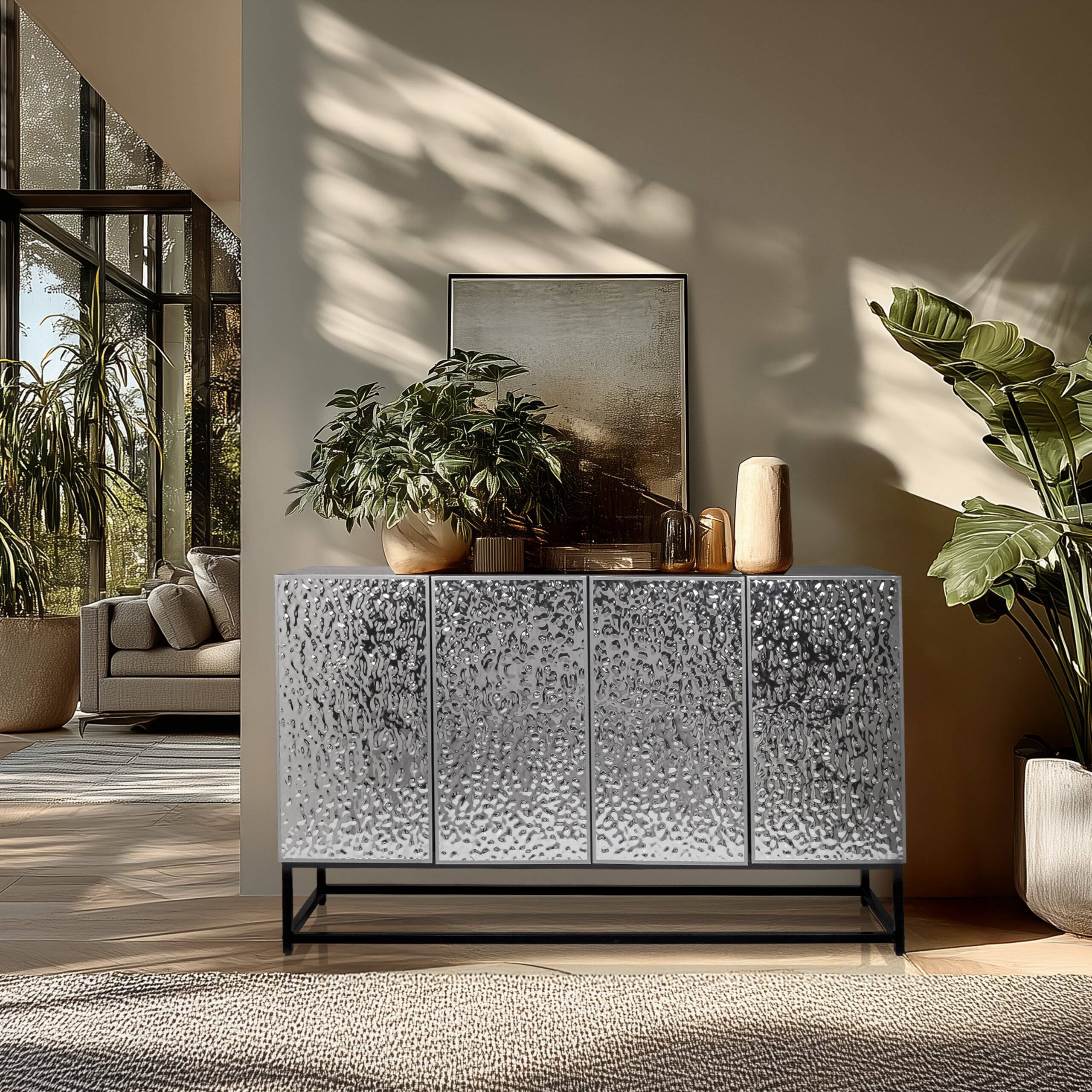 Sideboard Kommode METALLIO 140x37x80 cm 4 Türen silber hjh LIVING-4