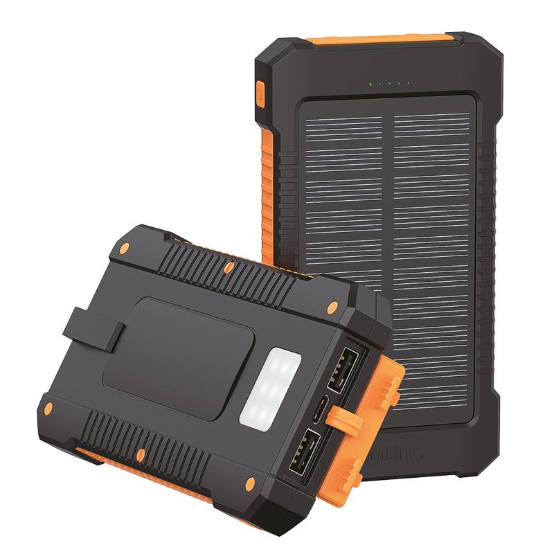 LogiLink Solar-Powerbank 6000 mAh, Taschenlampe, 2x USB-A, 1x USB-C, schwarz-orange-1