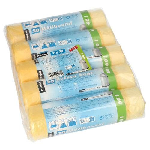 100 Müllsäcke mit Zugband, HDPE 60 l 71 cm x 64 cm gelb 18 my-0