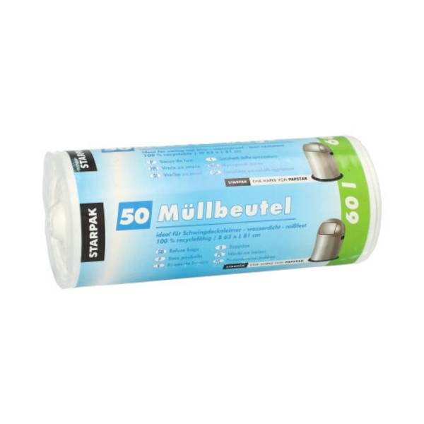 50 Müllbeutel, HDPE 60 l 81 cm x 63 cm weiss 9 my