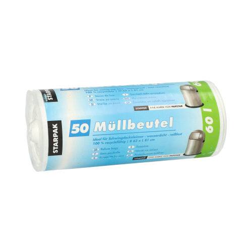 50 Müllbeutel, HDPE 60 l 81 cm x 63 cm weiss 9 my-0