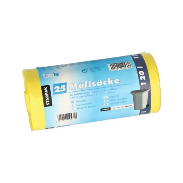 25 Müllsäcke, HDPE 120 l 110 cm x 70 cm gelb 20 my