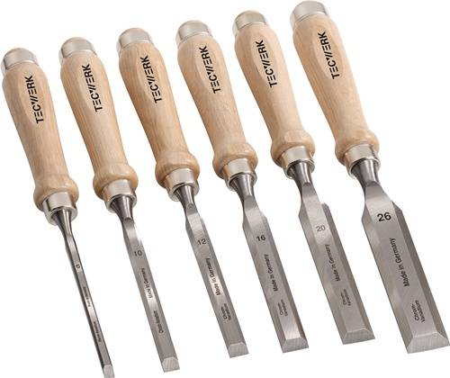 Stechbeitelsatz 6,10,12,16,20,26mm Weißbuchenh.Ulmer Form 6-tlg.Krt.TECWERK-0