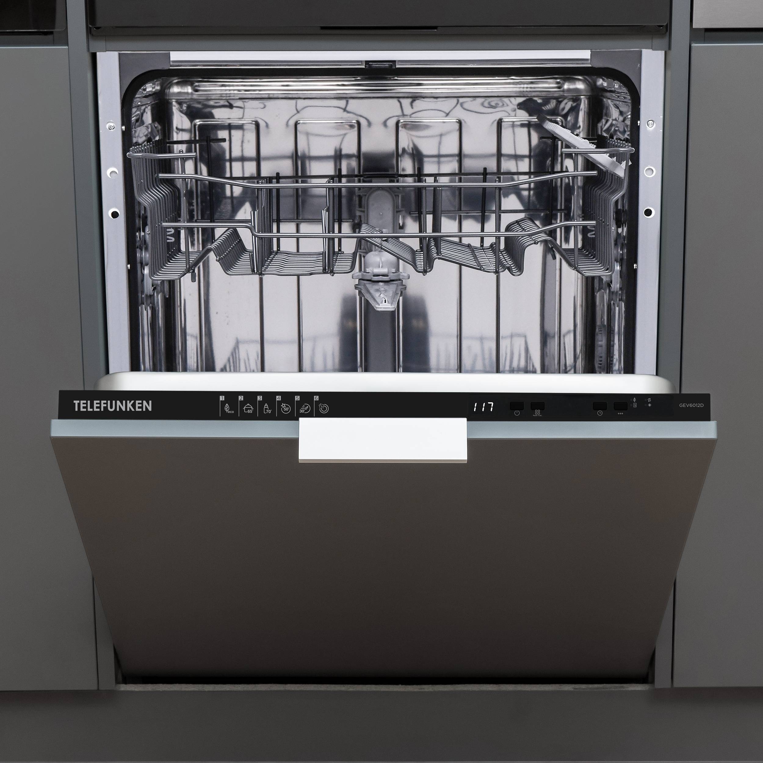 Telefunken Geschirrspüler vollintegrierbar 60 cm, Einbau Spülmaschine, 12 Maßgedecke, 6 Programme, AquaStop, GEV6012D-0