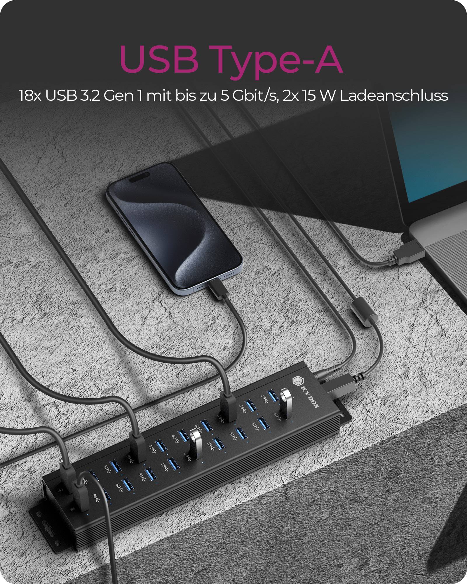 IB-HUB1720-U3, 18+2 Port USB Hub, 18x USB Type-A , 2x USB Ladeport, USB 3.2 Gen 1, 96W Netzteil, Aluminium, schwarz-2
