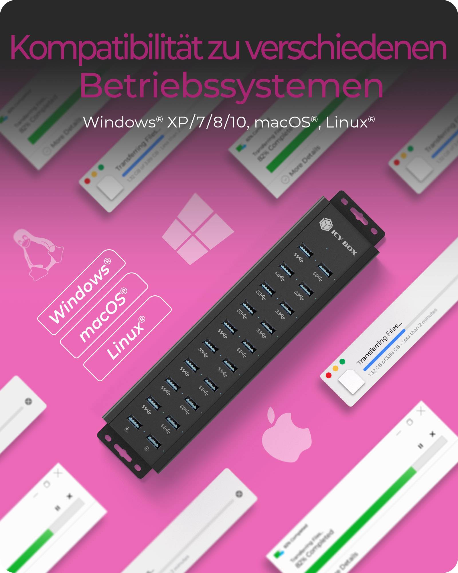 IB-HUB1720-U3, 18+2 Port USB Hub, 18x USB Type-A , 2x USB Ladeport, USB 3.2 Gen 1, 96W Netzteil, Aluminium, schwarz-3