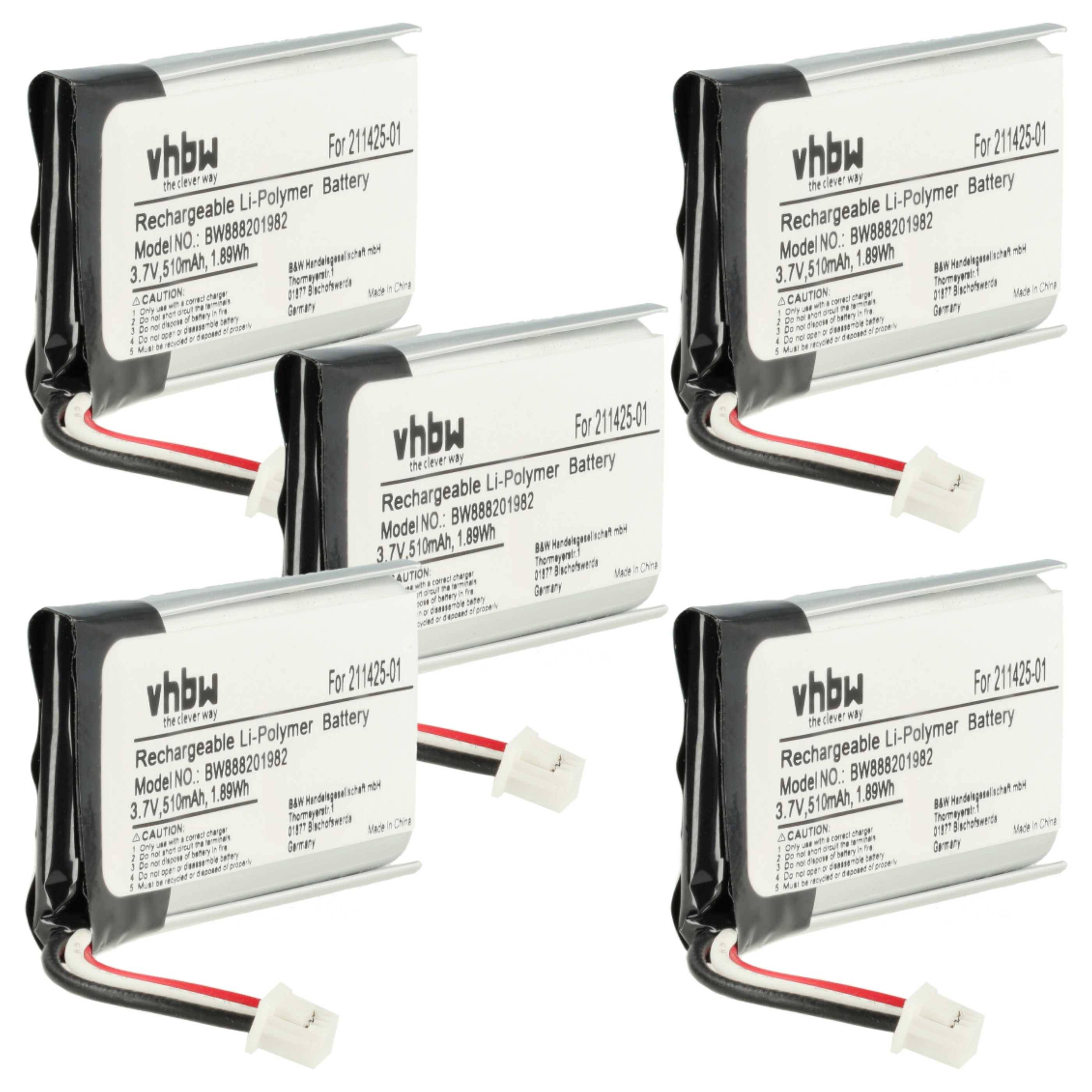 vhbw 5x Akku Ersatz für Plantronics 211425-01 | 202555-01 für Wireless Headset Kopfhörer (510 mAh, 3,7 V, Li-Polymer)-0